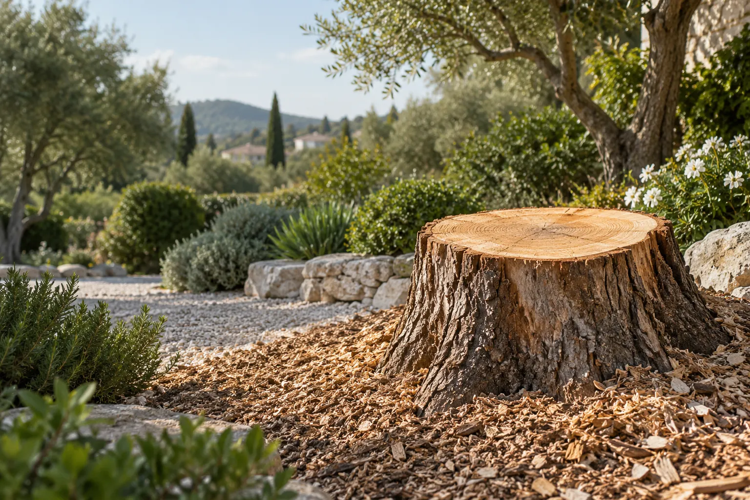 Illustration : souche dans un jardin méditerranéen
